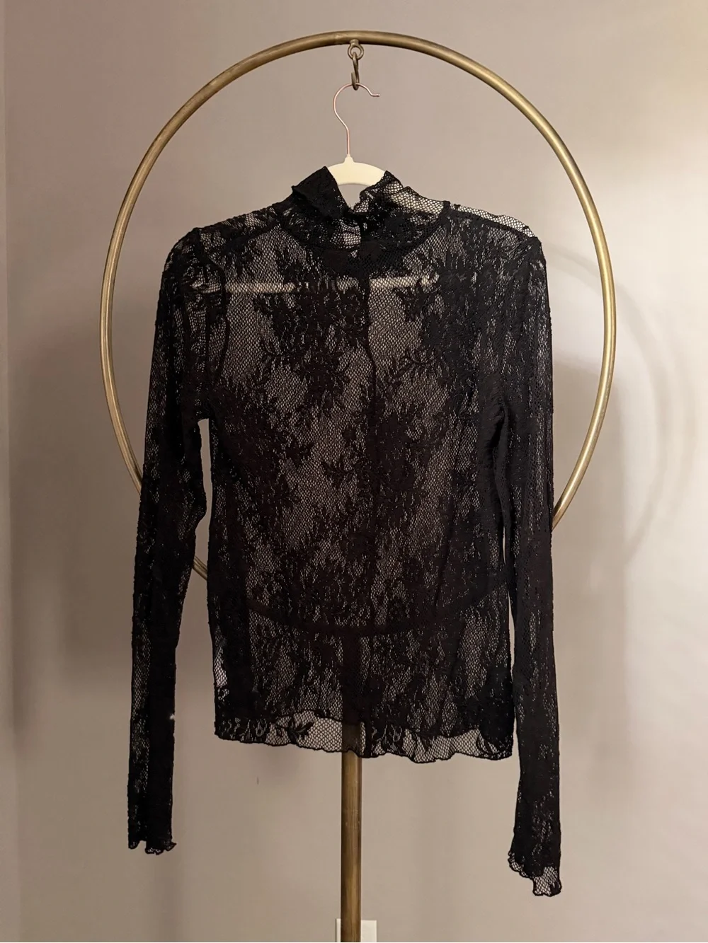 Free People Black Sheer Lace Long Sleeve Top